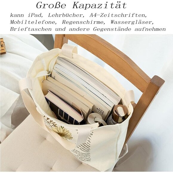 BROADREAM Canvas Tote Bag Aesthetic, Zippered Shoulder Bag with Interior Pocket - Picture 6 of 7